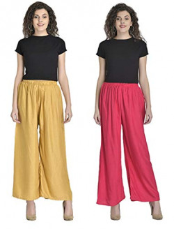 INDI FASHION Women's Rayon Pant Palazzo Combo (Golden and Dark Pink, Free Size)
