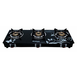 suryajwala Auto Ignition Toughened Glass Cast Iron 3 Burner Gas Stove (LPG Compatible Only)Ignition, Black