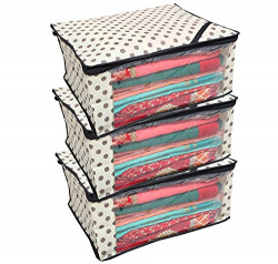 Kuber Industries Non Woven Polka Dots Designer Saree Cover Set of 3 Pcs (Ivory)