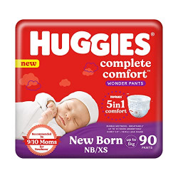 Huggies Complete Comfort Wonder Pants | Pant Style Baby Diapers Newborn Size (NB/XS), 90 Count | India's Fastest Absorbing Diaper, Prevents Diaper Rash, Ideal for 0-5 Kgs
