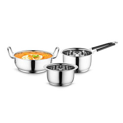 Profusion Stainless Steel Induction Base Cookware 3 pcs Set - (Silver, Tope- 1.5 Litre, Karahi- 2.5 Litre, Sauce Pan- 1.5 Litre)