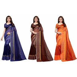 Anni Designer Cotton Saree with Blouse Piece (Pack of 3) (TS02 Blue Brown Orange_Multicolor_Free Size)
