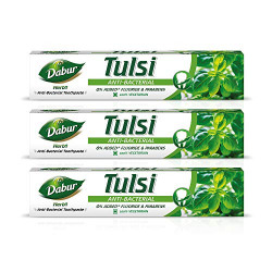 Dabur Herb'l Tulsi - Anti Bacterial Toothpaste with No added Fluoride and Parabens- 200 g (Pack of 3)