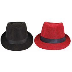 Zacharias Men's Fedora Round Hat Pack of 2 Black & Red Free Size
