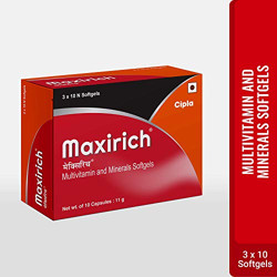 CIPLA Maxirich Multivitamin and Minerals Softgel with Essential Nutrients, Antioxidants, Vitamin A, E and C for building Immunity, minimize tiredness, and Fatigue - 30 softgel capsules