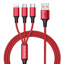 KACOOL 3-in-1 USB Charging Cable, 1M Nylon Braided Multi-Functional Android Charger Cable for Micro USB/iPhone/Type-C Mobiles Phones and Tablets (Red)