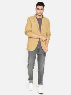 ether Solid Single Breasted Casual Men Blazer(Beige)