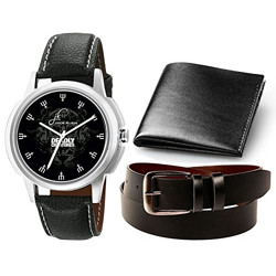 Jack Klein Round Dial Leather Strap Elegant Analogue Wrist Watch with Black Leather Wallet and Belt