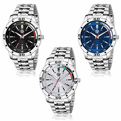 SWADESI STUFF All-Metal Watches Analogue Men's Watch (Black, Grey & Blue Dial Silver Colored Strap) (Pack of 3)