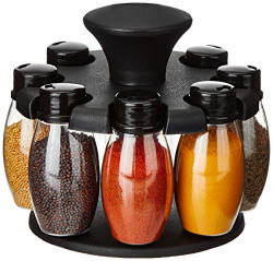 Amazon Brand - Solimo Upright Revolving Plastic Spice Rack, Ovals, 8 Pieces,Silver, Tiered Shelf