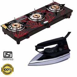 Fogger Stainless Steel 3 Burner Gas Stove and Max Iron Set, 2-Pieces, Black