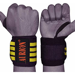 AURION Wrist Wraps 19  Professional Grade with Thumb Loops - Wrist Support Braces for Men & Women - Weight Lifting, Xfit, Powerlifting, Strength Training (Yellow)