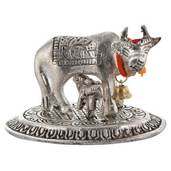 Crafticia Metal Kamdhenu Cow and Calf Idol Silver Finish Holy Spiritual Showpiece for Vastu (9x6x6 cm, Silver)