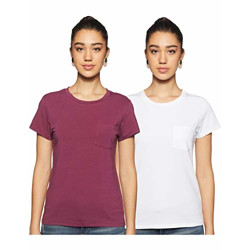 Amazon Brand - Symbol Women's Solid Regular Fit Half Sleeve T-Shirt (SYMAW19TS039A_White + Wine_Large) (Combo Pack of 2)