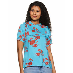 Amazon Brand - Eden & Ivy Women's Floral Regular Fit Half Sleeve Top (EIAW19TP017_Blue_M)