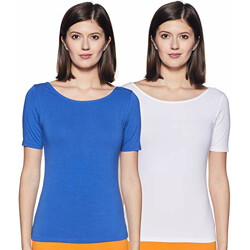 Amazon Brand - Symbol Women's Solid Slim Fit Half Sleeve T-Shirt (SYMAW19TS045_Blue + White_Large) (Combo Pack of 2)