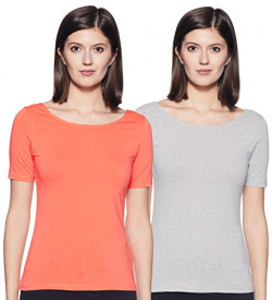 Amazon Brand - Symbol Women's Solid Slim Fit Half Sleeve T-Shirt (SYMAW19TS045_Coral + Grey_Small) (Combo Pack of 2)