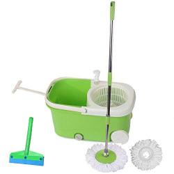 Frestol Plastic Mop with Wheel+2 Refill+Rod+ Wiper - Green