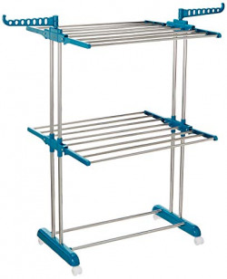 Amazon Brand - Solimo Stainless Steel & Plastic 2 Level Cloth Drying Stand with Wheels, Multicolour