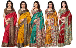 Ishin Combo Of 5 Poly Silk Multicolor Printed Women's Saree