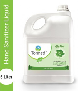 Tormeti Aloe Vera Liquid 80% Alcohol Based (Kills 99.99% Germs & Flu Viruses) Without Water with triple action formula sanitizes hands, pH balanced, nourishes skin Can 5 Liters Hand Sanitizer Pump Dispenser(5000 ml)