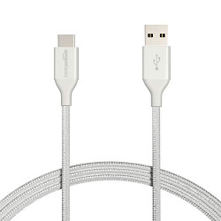 Amazon Basics Double Braided Nylon USB Type-C to Type-A 2.0 Male Cable for Laptop, 6 feet (Silver)