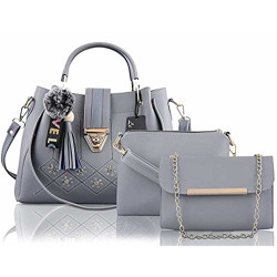 Le Platinum PU Leather Latest Trendy Fashion Ladies Handbag With Sling Bag & Clutch Combo 3pcs Purse Set (Grey)
