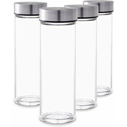 Ash & Roh Clear Glass Water Bottles Set Wide Mouth Glass Bottles with Lids - for Juicing, Smoothies, Beverage Storage Stainless Steel Lids, Leak Proof, Reusable - 400 ml (4)