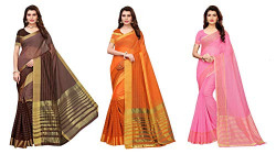 Anni Designer Sarees For Women Multicolored Art Silk Gold Striped Printed Sarees With Blouse Piece (Pack of 3)(ART-CMB-411_Free Size)