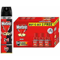 Mortein 2-in-1 Mosquito & Cockroach Killer - 400ml with Insta5 Vaporizer Refill (45 ml) - Pack of 4 + 2