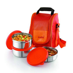 Cello Max Fresh Fresh Matiz Lunch Box, 3 Pc, Orange, Plastic Lid