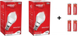Eveready 10W LED Bulb Pack of 2 with Free 4 Batteries(White, Pack of 2)