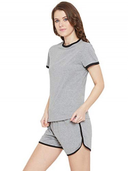GRITSTONES Women's Cotton Plain/Solid T-Shirt and Short Set Pack of 1 (GSWST2270GMBLK_L_Grey & Black_Large)