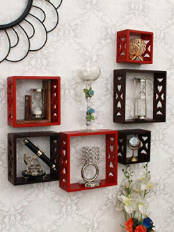 Home Sparkle Wood 6 Cube Shelf (Brown & Red, Set of 6)