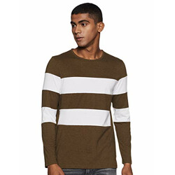 Drapish Men's Striped Regular fit T-Shirt (T5_Olive Melange-White M)