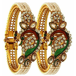 Zeneme Bangle Gold Plated CZ Stone Meenakari Dancing Peacock Antique Bangle Set Of 2 Kada Jewellery For Women & Girls