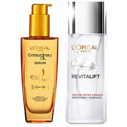 L'Oreal Paris Best of Hair & Skin Care - Extraordinary Oil Hair Serum for Women and Men (100 ml) and L'Oreal Paris Revitalift Crystal Micro-Essence (65 ml)
