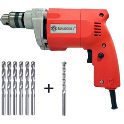 BUILDSKILL 10MM Professional Powerful Heavy Drill Machine with 7 High Quality Bits BED1100_RedBits Pistol Grip Drill(10 mm Chuck Size)