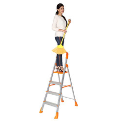 Happer Premium Foldable Aluminium Step Ladder, Clamber Pro, 4 Steps (Orange & Satin)