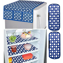 Amazon Brand - Solimo Fridge Organiser Set, (3 pcs Fridge Mat, 2 pcs Fridge Handle Cover, 1 Fridge Top Cover), Polka, Blue