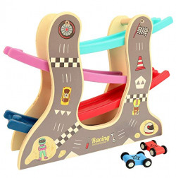 Toyshine Wooden Glide Racer Ramp Toy with 4 Car Ramps, 1 Parking Garage & 4 Mini Cars  Wood Race Track for 1, 2, 3 Toddlers, Boys & Girls Educational Vehicle Toys