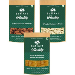 Soft Art Californian Almonds , Whole Cashews Nuts & Gold Kishmish (Gold Raisins) (250g Each) Vaccum Pack Almonds, Cashews, Raisins(3 x 250 g)