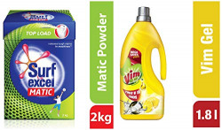 Surf Excel Matic Top Load Detergent Powder, 2 kg & Dishwash Gel, Lemon, 1.8 L Combo