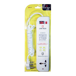Live Tech PS07 Power Strip with 4 Sockets Rust Free, 6ft (1.8 Meter) Extension Cord 3 Pin Plug Spike Guard ABS Virgin Plastic Material (White)