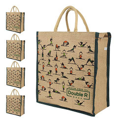 DOUBLE R BAGS Big Eco Reusable Yoga Print Jute Cloth Carry Lunch Tiffin Bag with Zip Reinforced Handle for Men Women Pack of 5 Size Medium