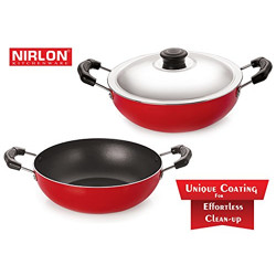 Two Set of Special Non-Stick Kadai Bigger & Smaller Size, Aluminium Red & Black Combo Set of Kadai with Lid, Best Price Guarantee.