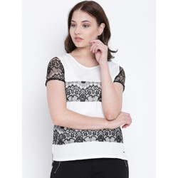 ELLE Casual Short Sleeve Self Design Women White Top