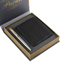 Parker Aster Shiny Chrome Ball Pen With Wallet ( Gold Trim)