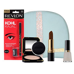 Revlon Must Have Beauty Combo With Makeup Storage Pouch (Sl Seductive Sienna + Kohl Kajal + T&G Compact + Matt Top Coat Nail Enamel), 125.34 g