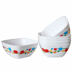 Wonder Microwave Safe Printed Plastic Square Katori/Bowl, Set of 6 Pcs, 200 ML, White with Multicolour Geometrical Print, Made in India, KBS01200